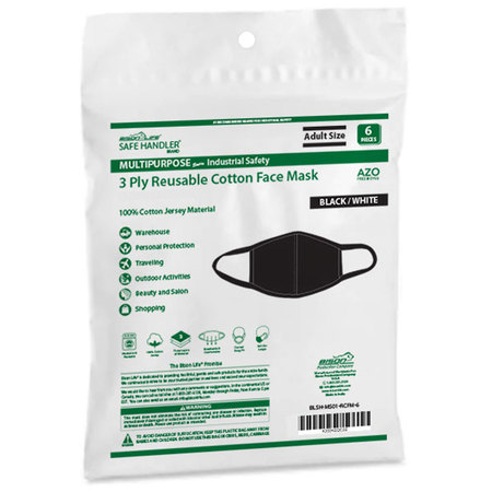 Safe Handler Reusable 3 Ply Cotton Center Seam Kids Face Mask, Black (6-Pack) BLSH-MS03-RCFMK-6